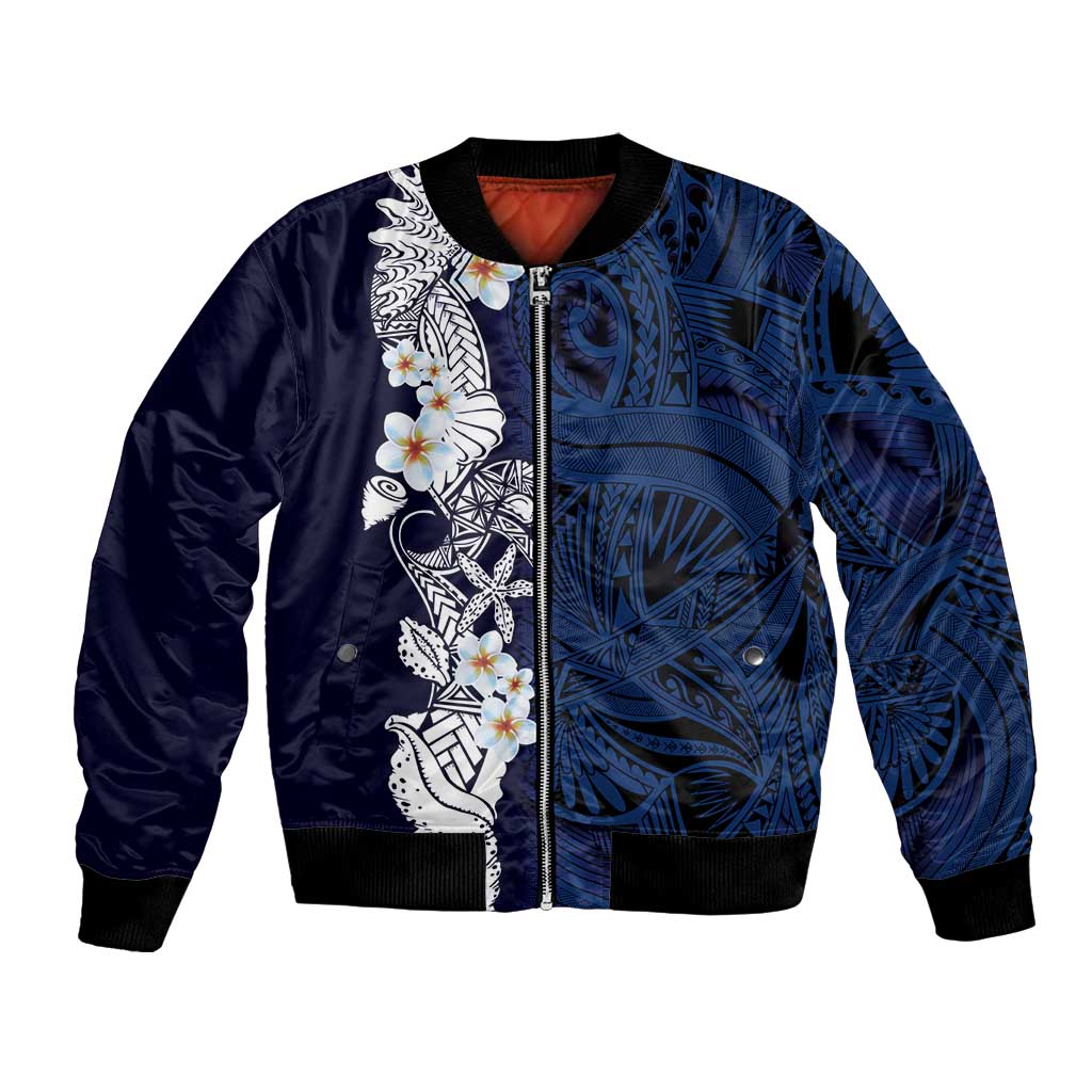 Blue Samoa Tattoo Bomber Jacket Plumeria Samoan Ocean Tatau Pattern LT14 Unisex Blue - Polynesian Pride