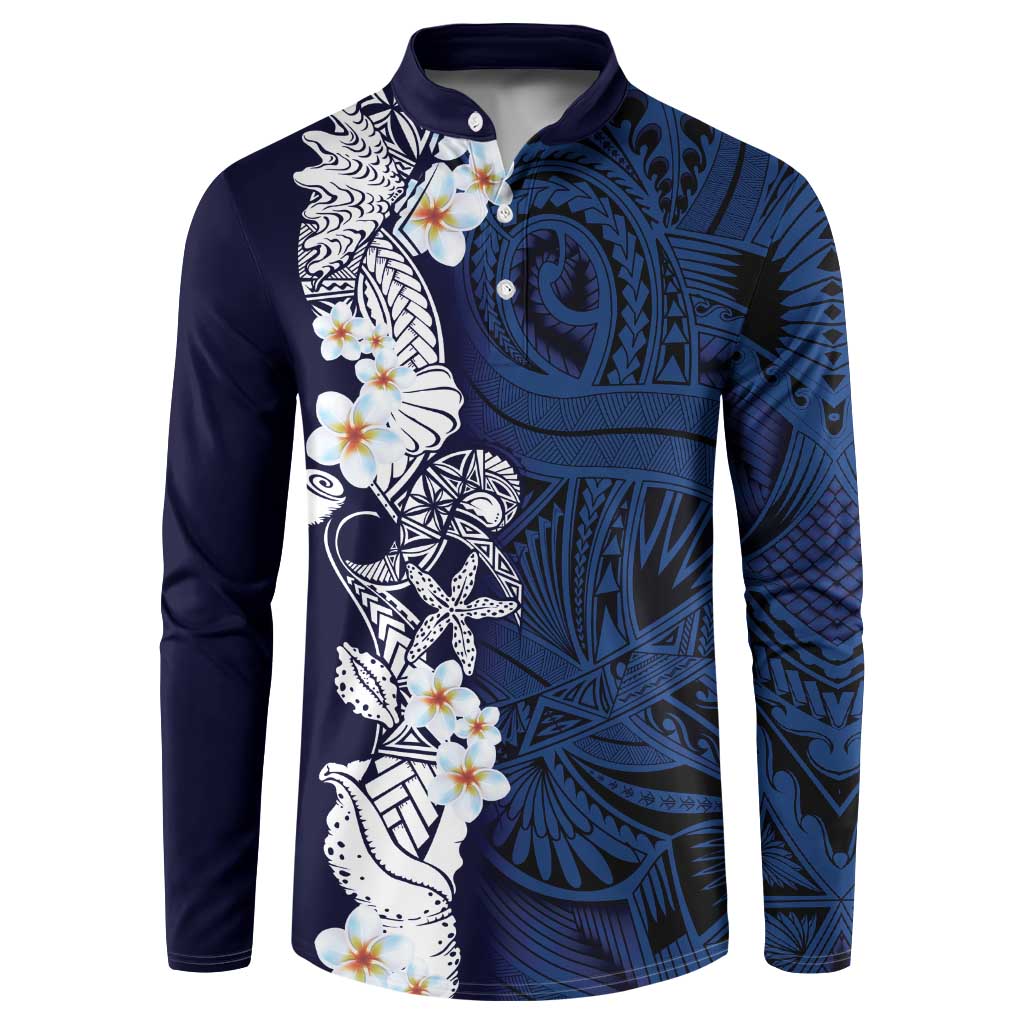Blue Samoa Tattoo Button Sweatshirt Plumeria Samoan Ocean Tatau Pattern LT14 Blue - Polynesian Pride