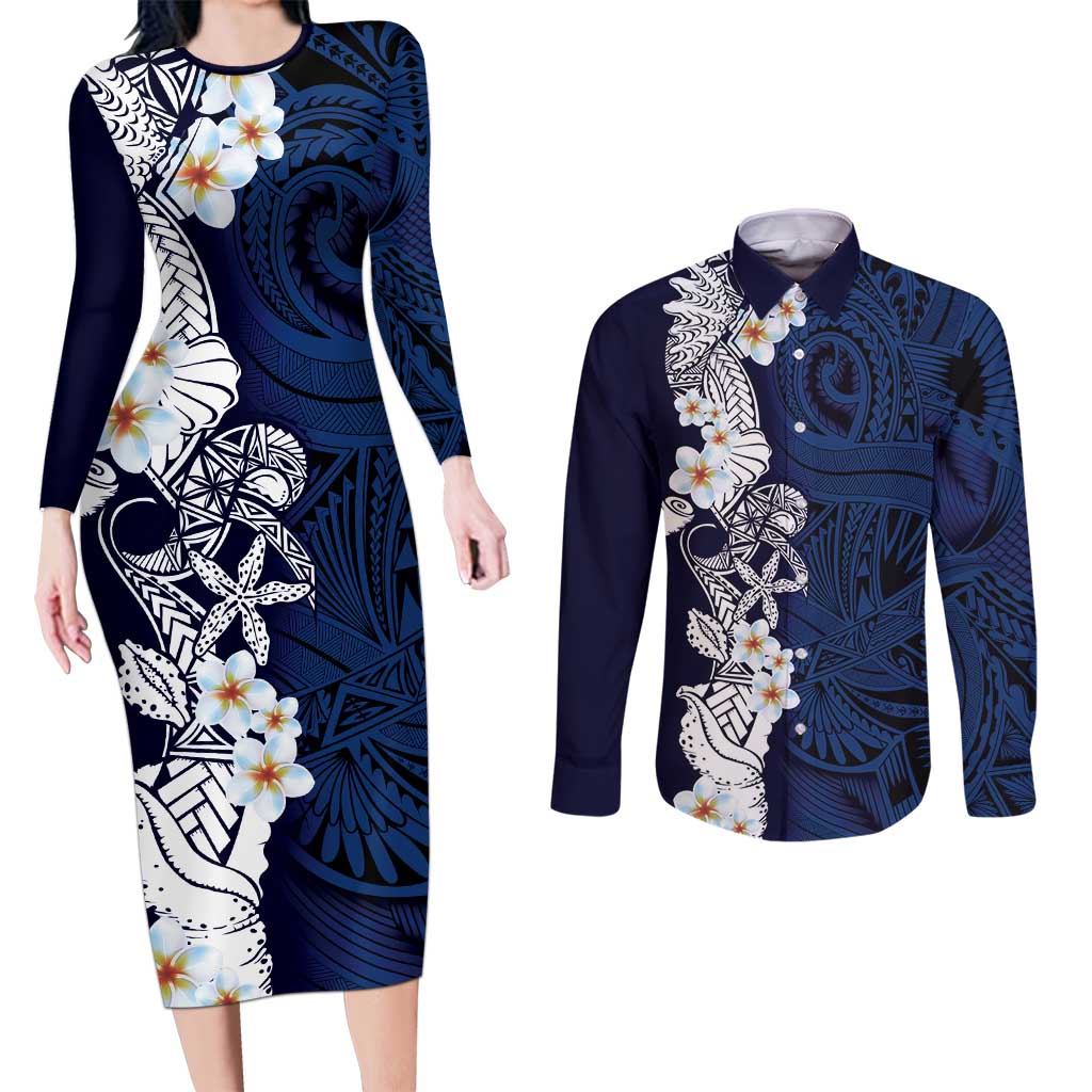 Blue Samoa Tattoo Couples Matching Long Sleeve Bodycon Dress and Long Sleeve Button Shirt Plumeria Samoan Ocean Tatau Pattern LT14 Blue - Polynesian Pride