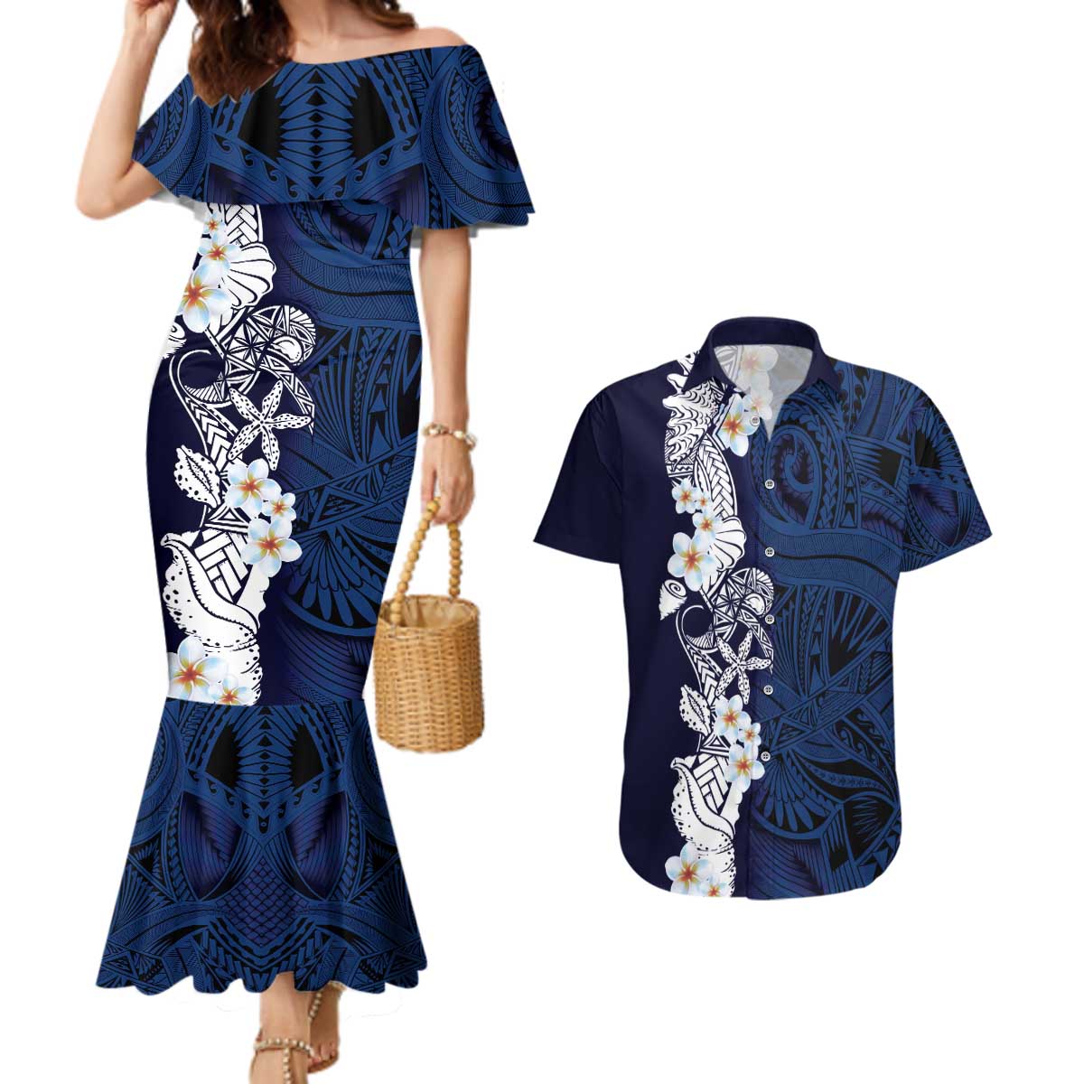 Blue Samoa Tattoo Couples Matching Mermaid Dress and Hawaiian Shirt Plumeria Samoan Ocean Tatau Pattern - Polynesian Pride