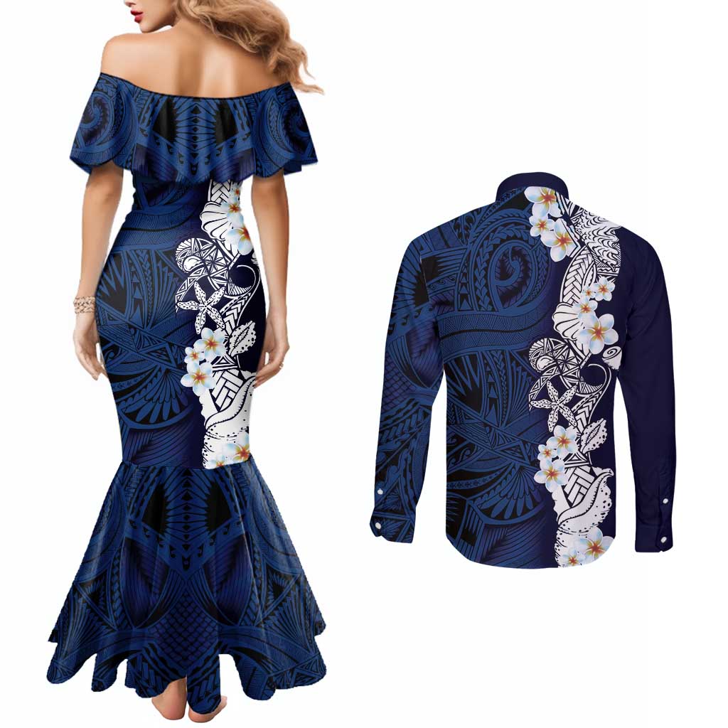 Blue Samoa Tattoo Couples Matching Mermaid Dress and Long Sleeve Button Shirt Plumeria Samoan Ocean Tatau Pattern LT14 - Polynesian Pride