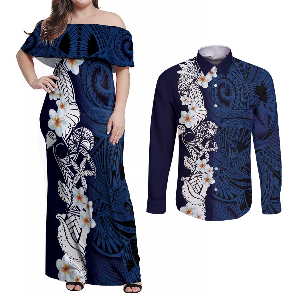 Blue Samoa Tattoo Couples Matching Off Shoulder Maxi Dress and Long Sleeve Button Shirt Plumeria Samoan Ocean Tatau Pattern LT14 Blue - Polynesian Pride