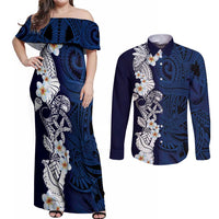 Blue Samoa Tattoo Couples Matching Off Shoulder Maxi Dress and Long Sleeve Button Shirt Plumeria Samoan Ocean Tatau Pattern LT14 Blue - Polynesian Pride