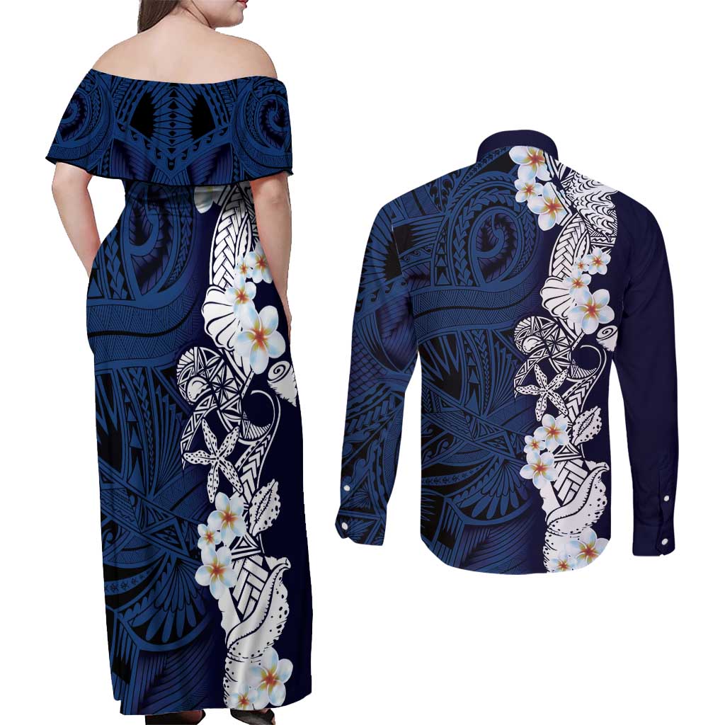 Blue Samoa Tattoo Couples Matching Off Shoulder Maxi Dress and Long Sleeve Button Shirt Plumeria Samoan Ocean Tatau Pattern LT14 - Polynesian Pride