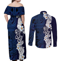 Blue Samoa Tattoo Couples Matching Off Shoulder Maxi Dress and Long Sleeve Button Shirt Plumeria Samoan Ocean Tatau Pattern LT14 - Polynesian Pride