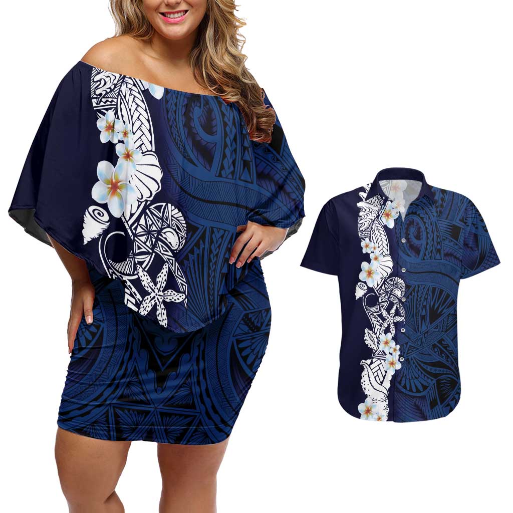 Blue Samoa Tattoo Couples Matching Off Shoulder Short Dress and Hawaiian Shirt Plumeria Samoan Ocean Tatau Pattern LT14 Blue - Polynesian Pride