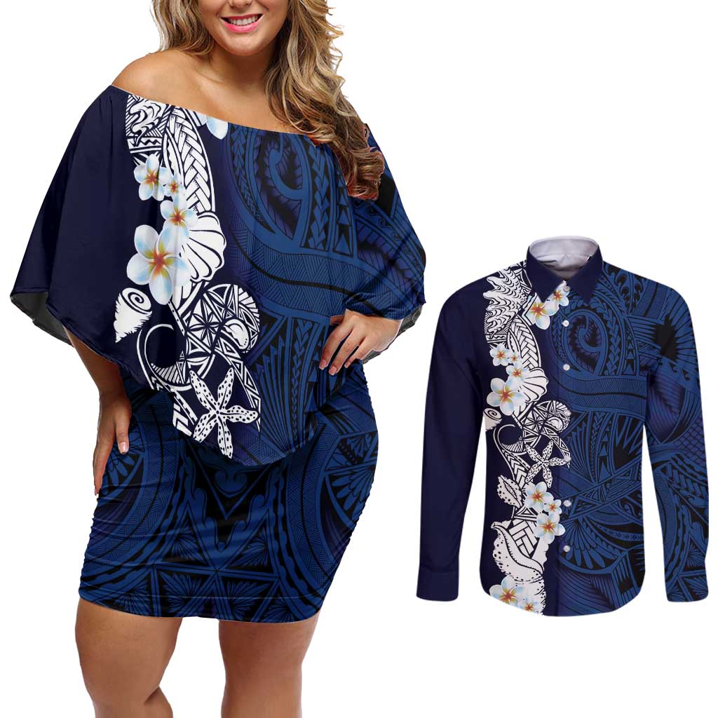 Blue Samoa Tattoo Couples Matching Off Shoulder Short Dress and Long Sleeve Button Shirt Plumeria Samoan Ocean Tatau Pattern LT14 Blue - Polynesian Pride
