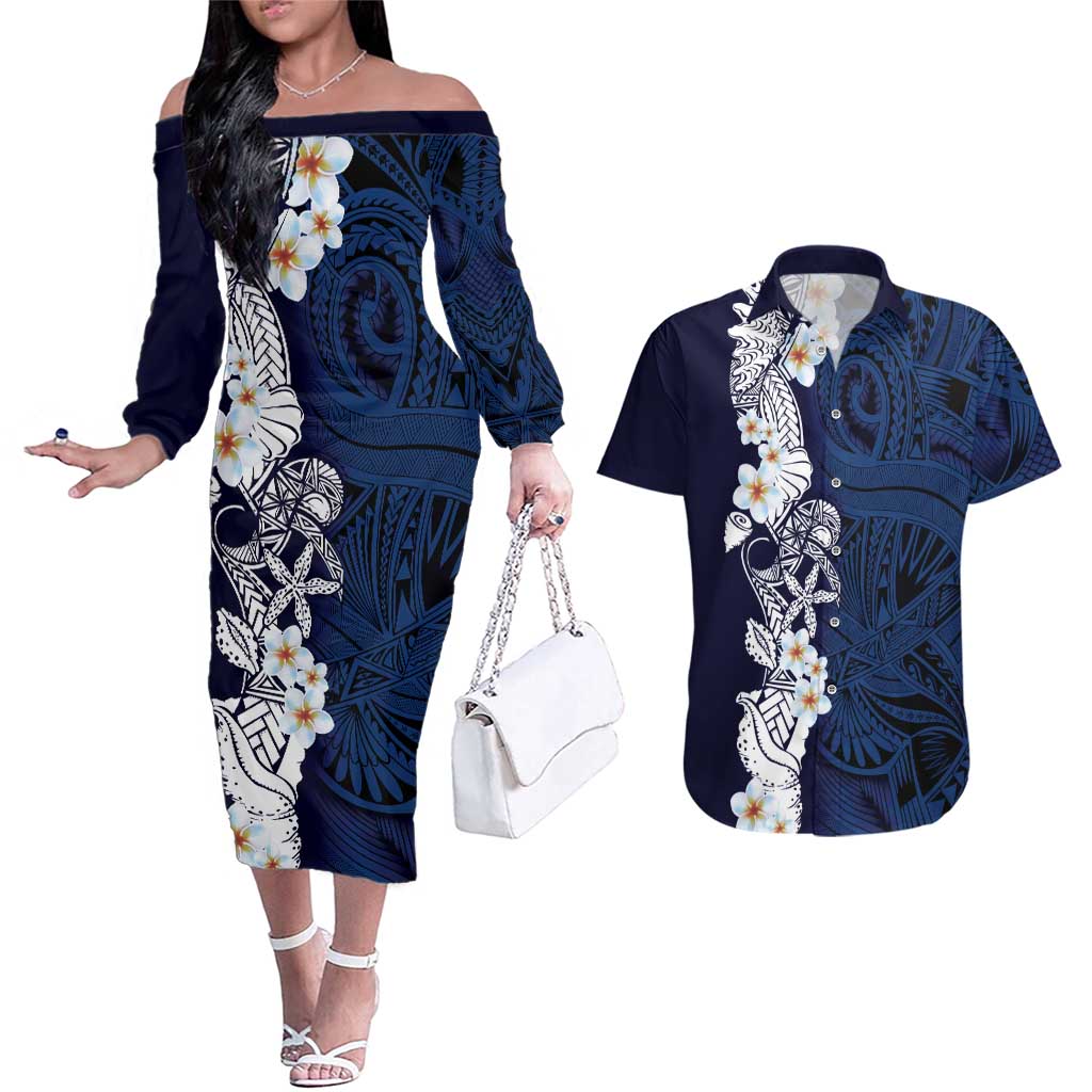 Blue Samoa Tattoo Couples Matching Off The Shoulder Long Sleeve Dress and Hawaiian Shirt Plumeria Samoan Ocean Tatau Pattern LT14 Blue - Polynesian Pride