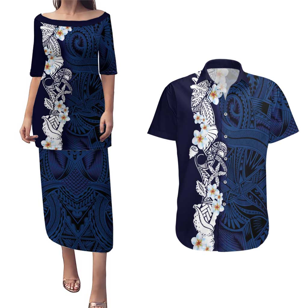 Blue Samoa Tattoo Couples Matching Puletasi and Hawaiian Shirt Plumeria Samoan Ocean Tatau Pattern LT14 Blue - Polynesian Pride