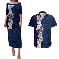 Blue Samoa Tattoo Couples Matching Puletasi and Hawaiian Shirt Plumeria Samoan Ocean Tatau Pattern LT14 Blue - Polynesian Pride