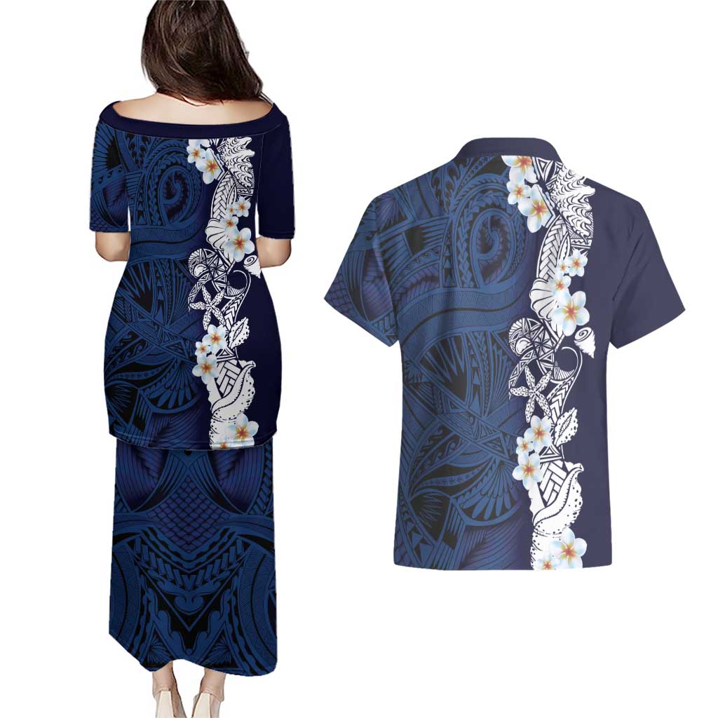 Blue Samoa Tattoo Couples Matching Puletasi and Hawaiian Shirt Plumeria Samoan Ocean Tatau Pattern LT14 - Polynesian Pride