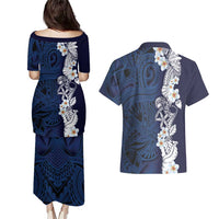 Blue Samoa Tattoo Couples Matching Puletasi and Hawaiian Shirt Plumeria Samoan Ocean Tatau Pattern LT14 - Polynesian Pride