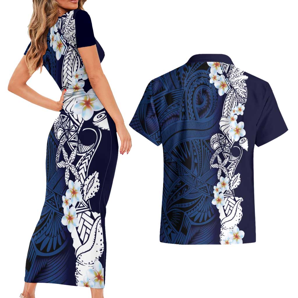 Blue Samoa Tattoo Couples Matching Short Sleeve Bodycon Dress and Hawaiian Shirt Plumeria Samoan Ocean Tatau Pattern - Polynesian Pride