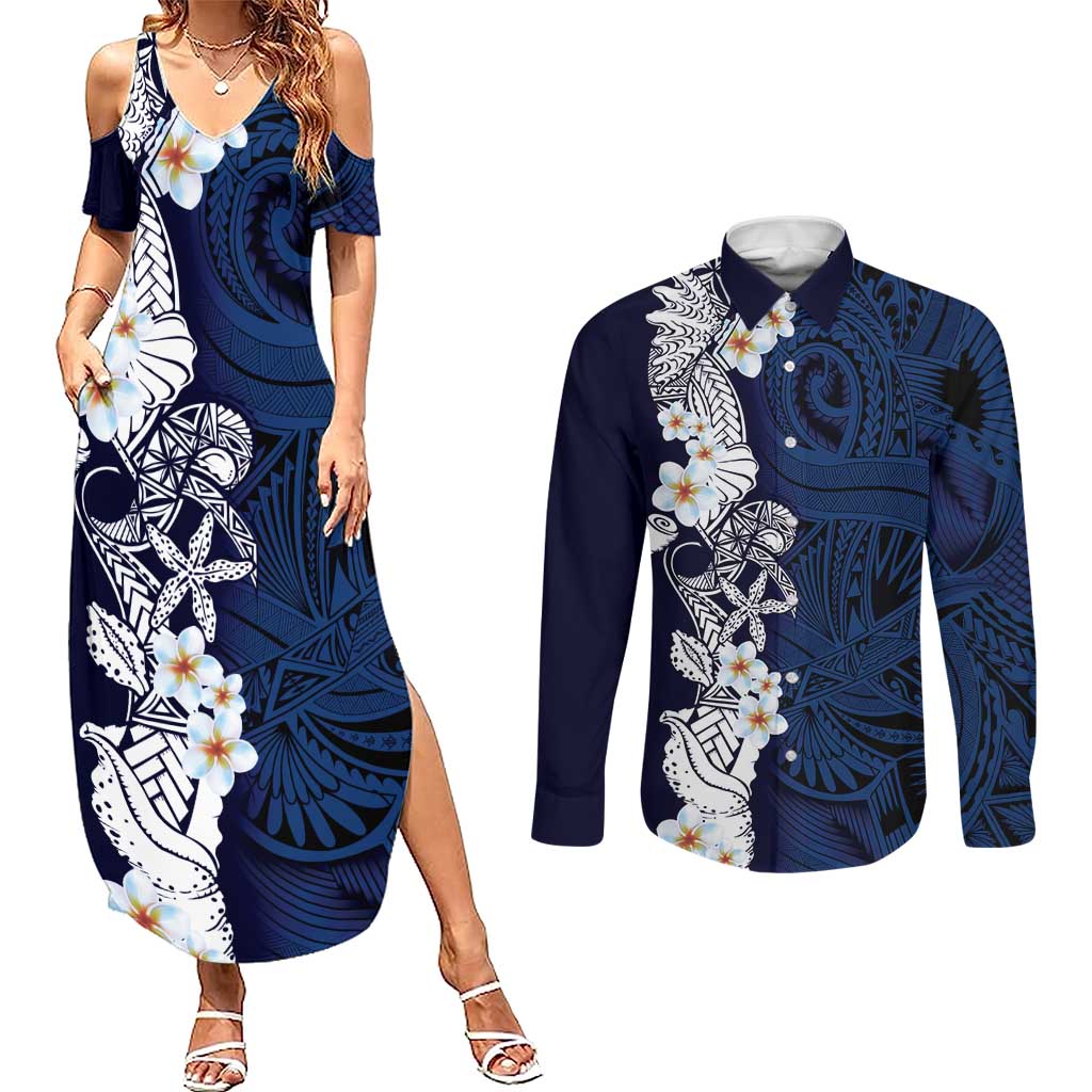 Blue Samoa Tattoo Couples Matching Summer Maxi Dress and Long Sleeve Button Shirt Plumeria Samoan Ocean Tatau Pattern LT14 Blue - Polynesian Pride