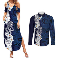 Blue Samoa Tattoo Couples Matching Summer Maxi Dress and Long Sleeve Button Shirt Plumeria Samoan Ocean Tatau Pattern LT14 Blue - Polynesian Pride