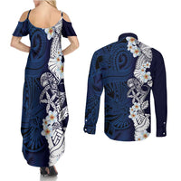 Blue Samoa Tattoo Couples Matching Summer Maxi Dress and Long Sleeve Button Shirt Plumeria Samoan Ocean Tatau Pattern LT14 - Polynesian Pride