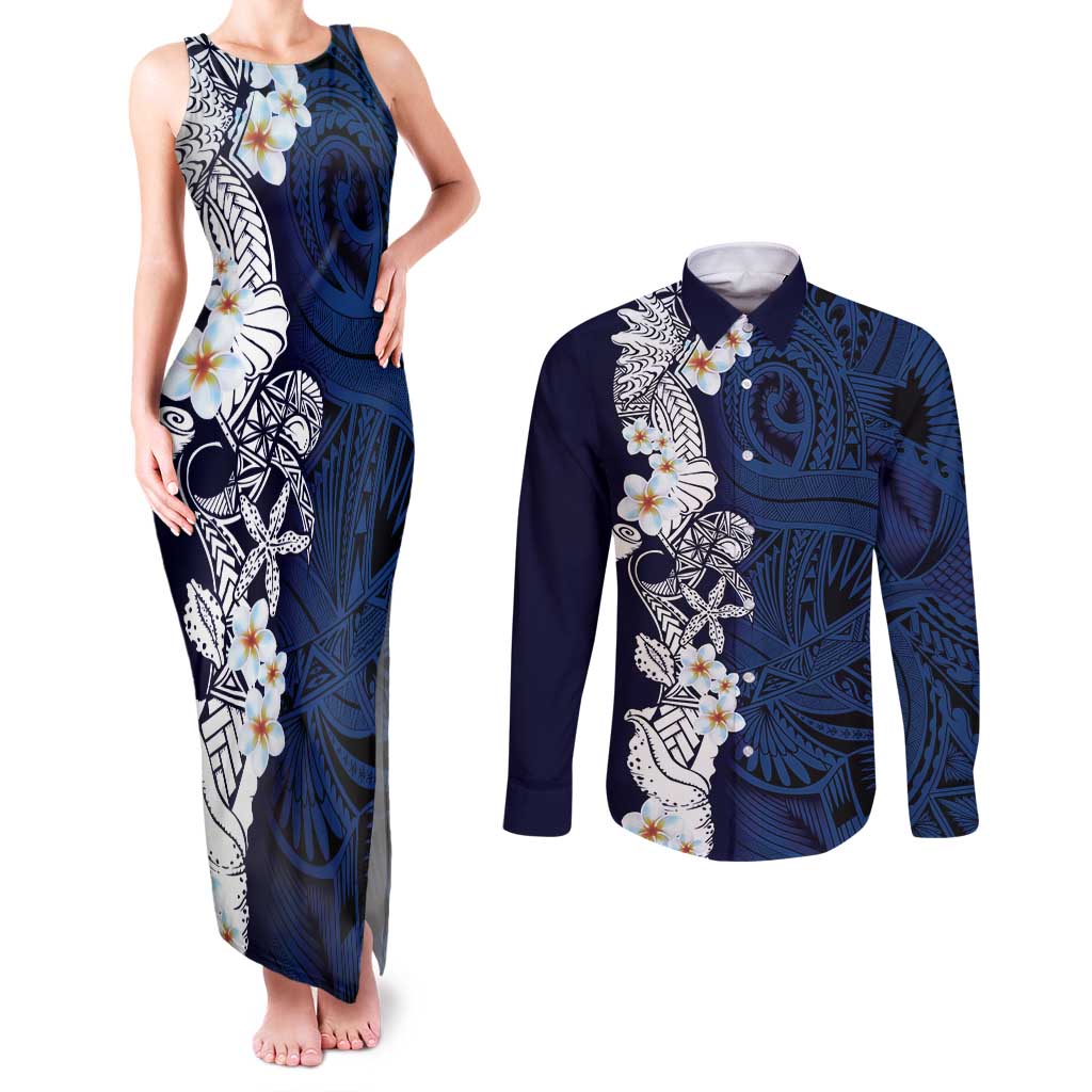 Blue Samoa Tattoo Couples Matching Tank Maxi Dress and Long Sleeve Button Shirt Plumeria Samoan Ocean Tatau Pattern LT14 Blue - Polynesian Pride