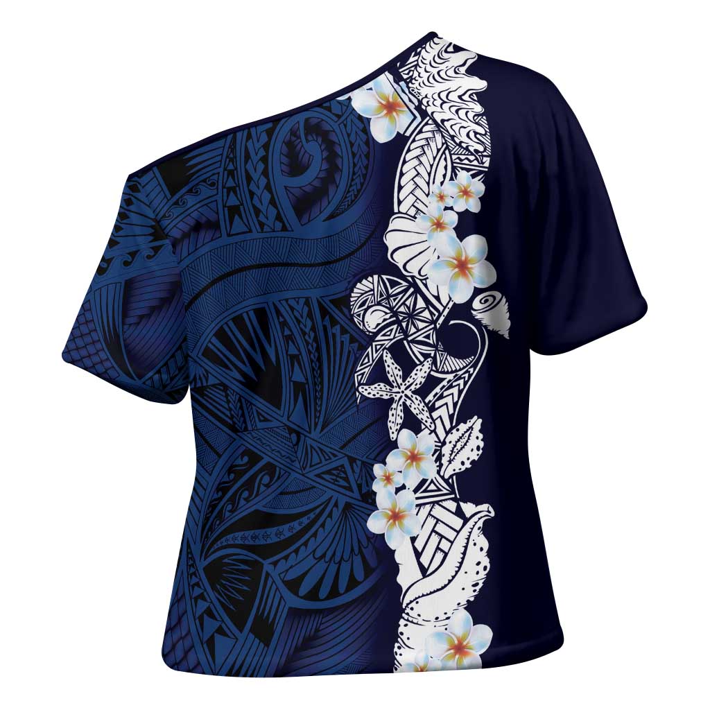 Blue Samoa Tattoo Cross Shoulder Shirt Plumeria Samoan Ocean Tatau Pattern LT14 - Polynesian Pride