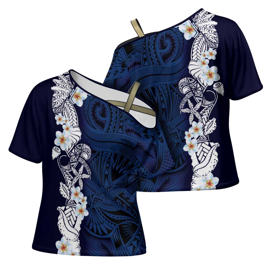 Blue Samoa Tattoo Cross Shoulder Shirt Plumeria Samoan Ocean Tatau Pattern LT14 - Polynesian Pride