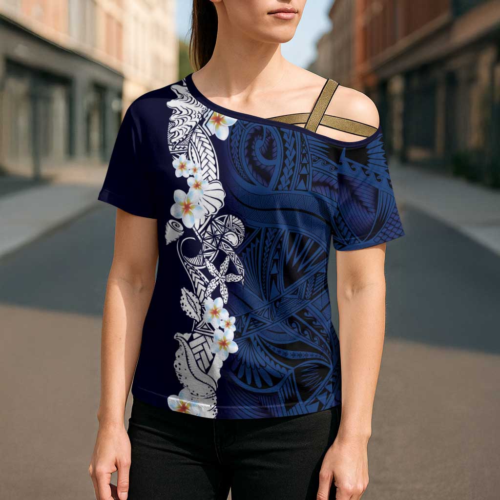 Blue Samoa Tattoo Cross Shoulder Shirt Plumeria Samoan Ocean Tatau Pattern LT14 - Polynesian Pride