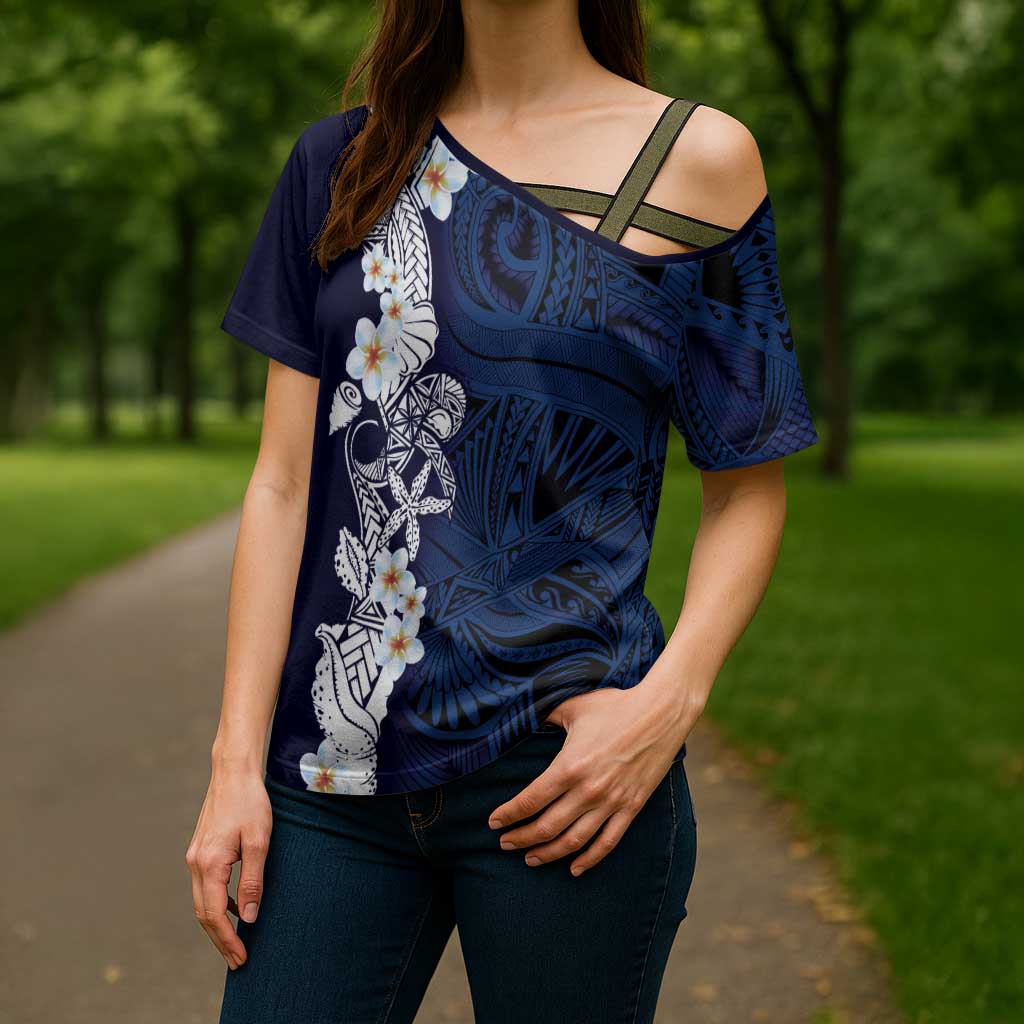 Blue Samoa Tattoo Cross Shoulder Shirt Plumeria Samoan Ocean Tatau Pattern LT14 - Polynesian Pride