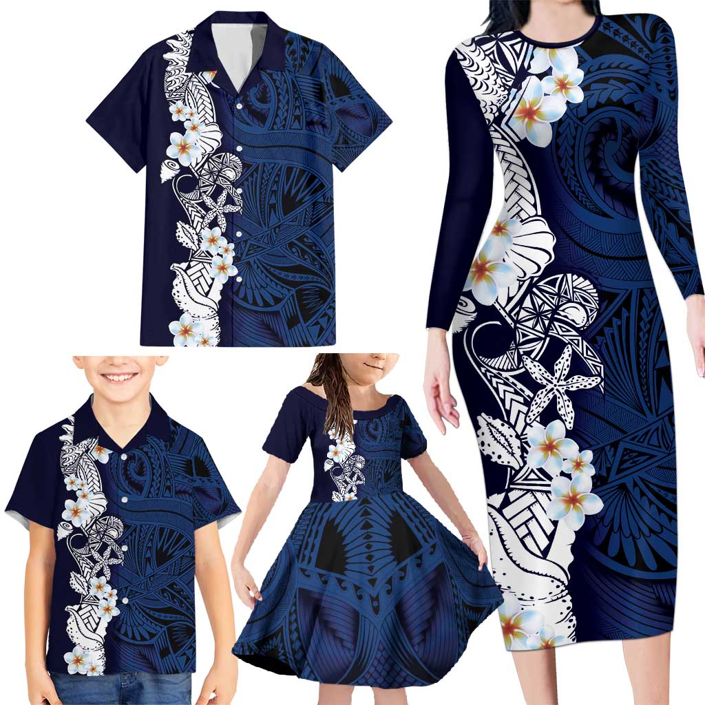 Blue Samoa Tattoo Family Matching Long Sleeve Bodycon Dress and Hawaiian Shirt Plumeria Samoan Ocean Tatau Pattern - Polynesian Pride
