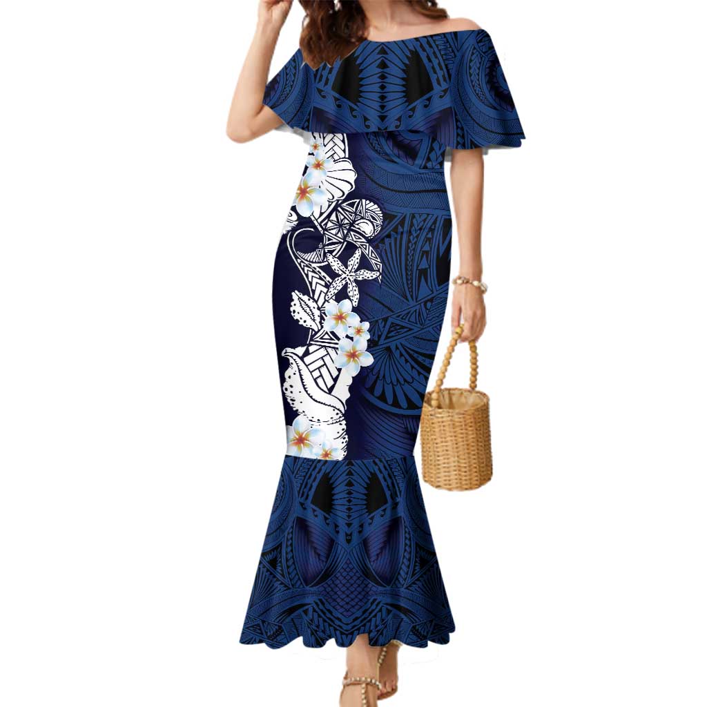 Blue Samoa Tattoo Family Matching Mermaid Dress and Hawaiian Shirt Plumeria Samoan Ocean Tatau Pattern - Polynesian Pride