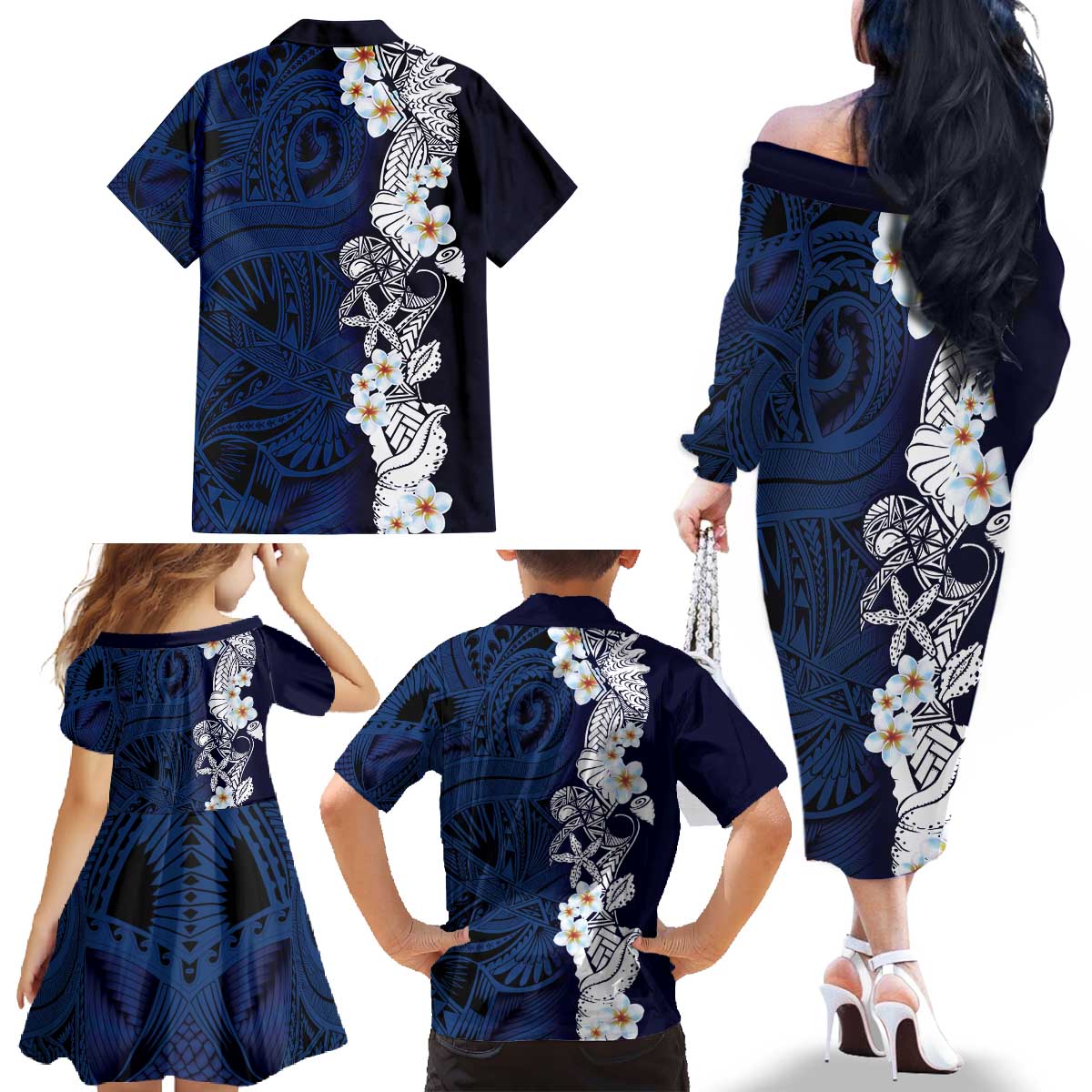 Blue Samoa Tattoo Family Matching Off The Shoulder Long Sleeve Dress and Hawaiian Shirt Plumeria Samoan Ocean Tatau Pattern - Polynesian Pride