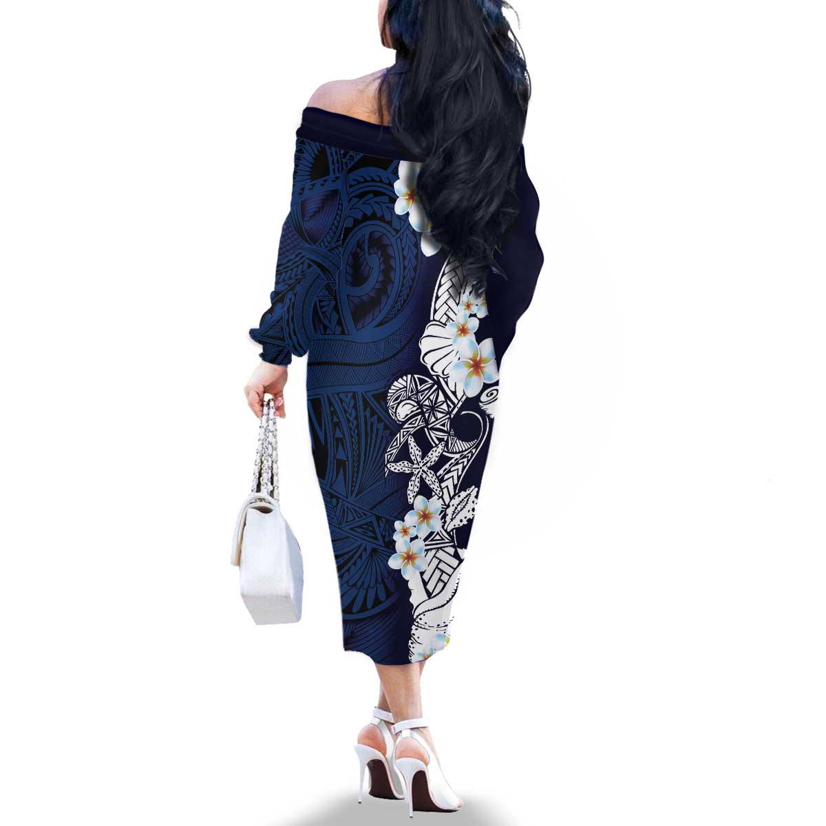 Blue Samoa Tattoo Family Matching Off The Shoulder Long Sleeve Dress and Hawaiian Shirt Plumeria Samoan Ocean Tatau Pattern - Polynesian Pride
