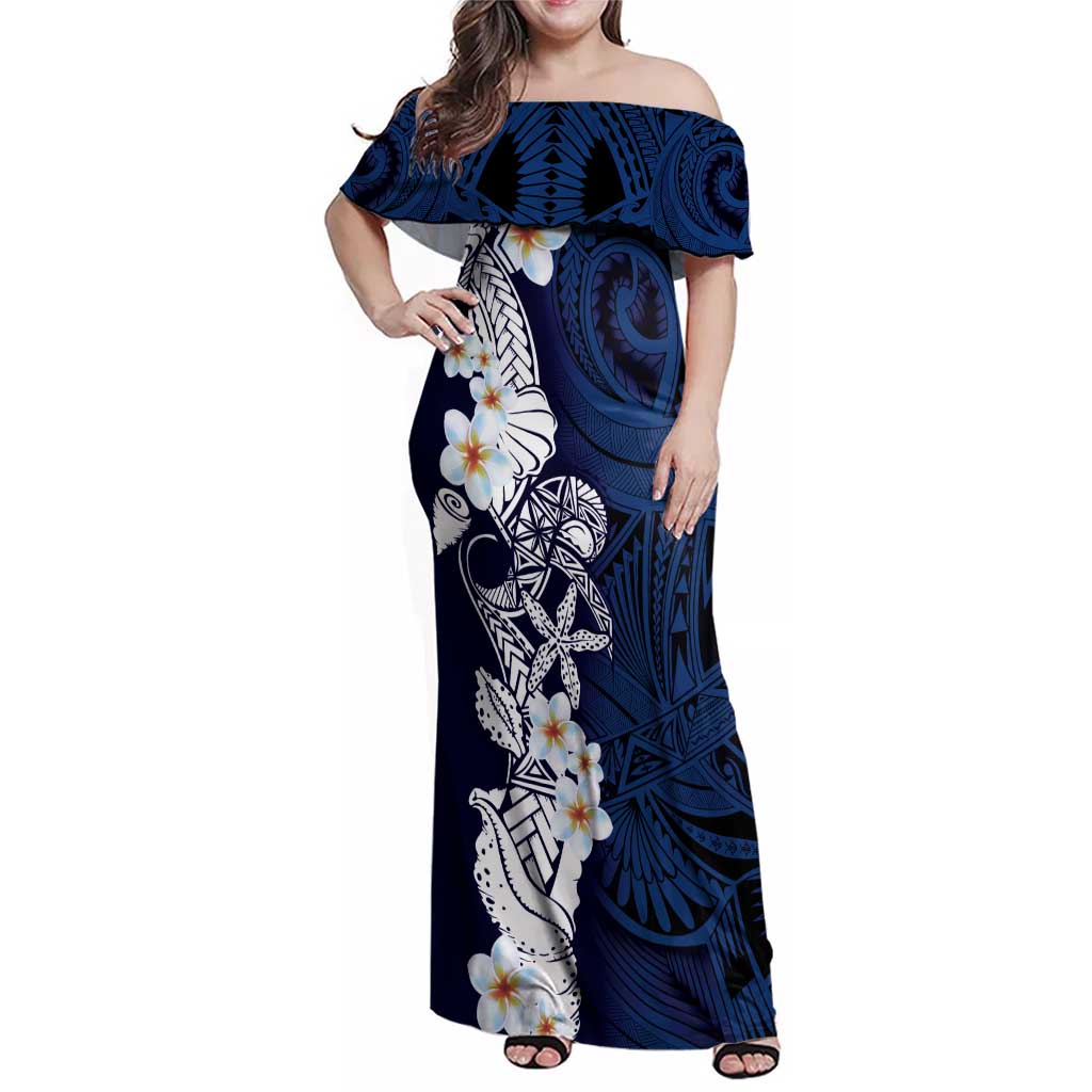 Blue Samoa Tattoo Family Matching Off Shoulder Maxi Dress and Hawaiian Shirt Plumeria Samoan Ocean Tatau Pattern - Polynesian Pride