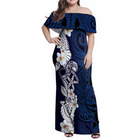 Blue Samoa Tattoo Family Matching Off Shoulder Maxi Dress and Hawaiian Shirt Plumeria Samoan Ocean Tatau Pattern - Polynesian Pride