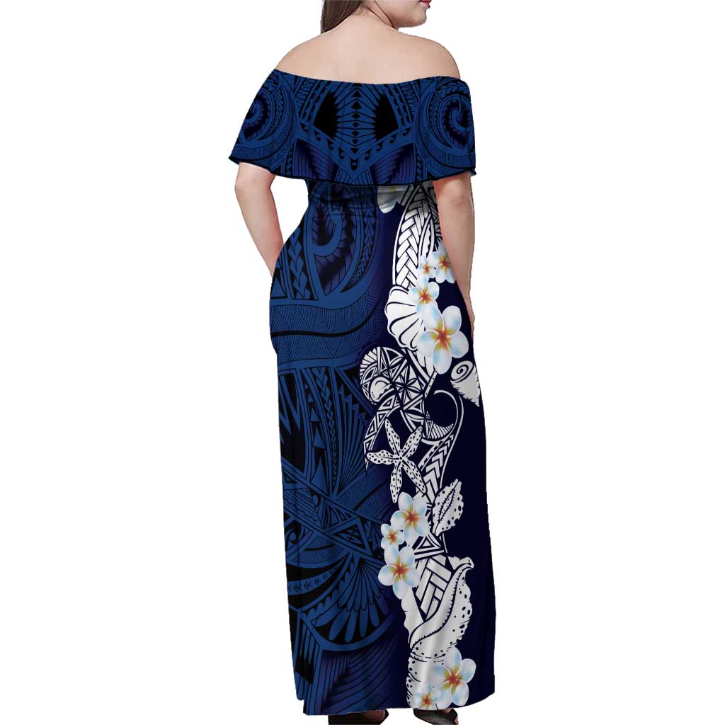 Blue Samoa Tattoo Family Matching Off Shoulder Maxi Dress and Hawaiian Shirt Plumeria Samoan Ocean Tatau Pattern - Polynesian Pride