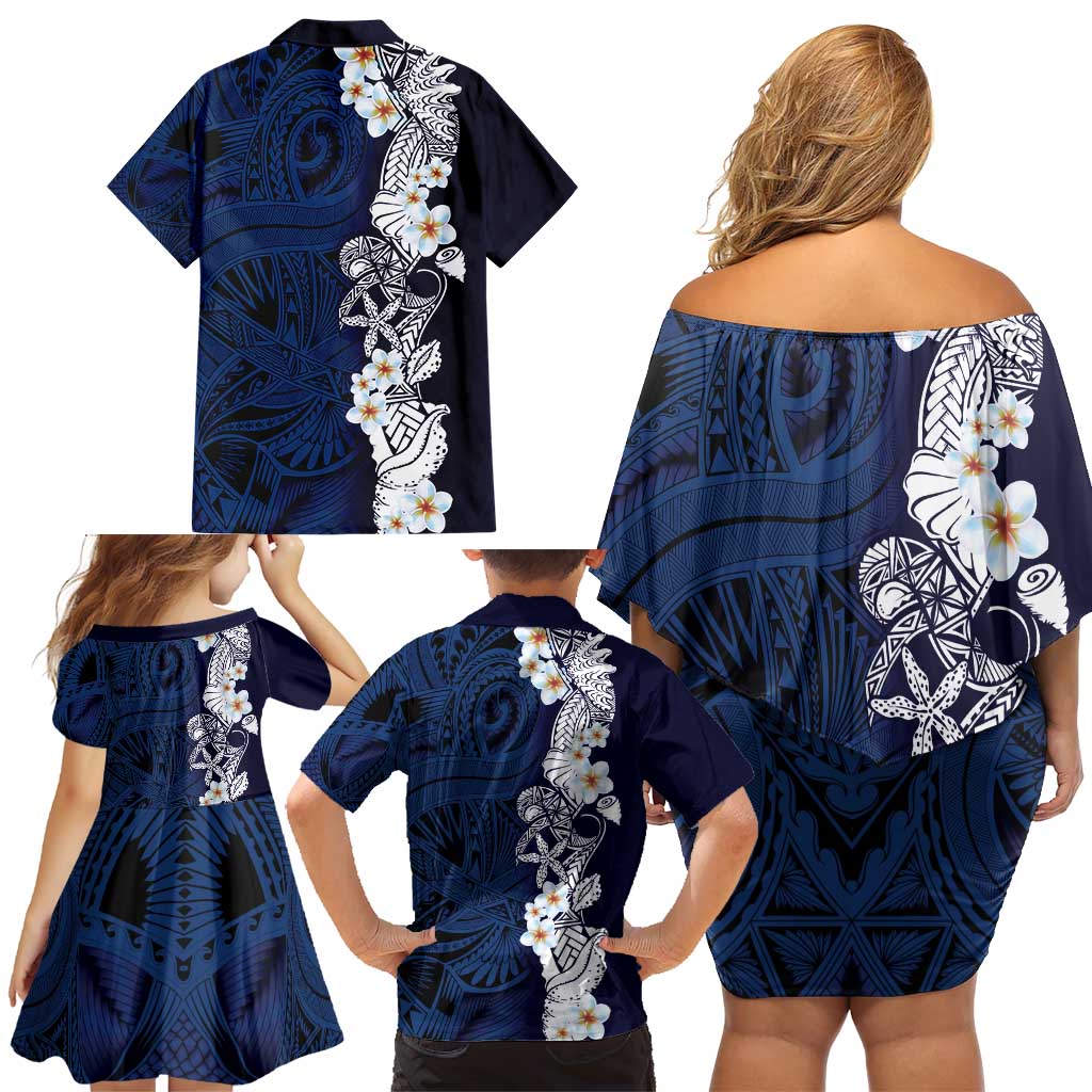 Blue Samoa Tattoo Family Matching Off Shoulder Short Dress and Hawaiian Shirt Plumeria Samoan Ocean Tatau Pattern - Polynesian Pride