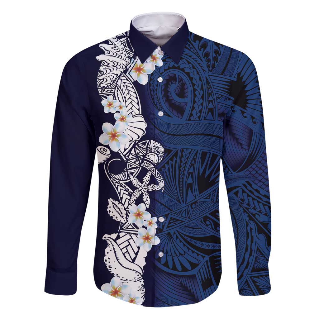 Blue Samoa Tattoo Family Matching Short Sleeve Bodycon Dress and Hawaiian Shirt Plumeria Samoan Ocean Tatau Pattern - Polynesian Pride