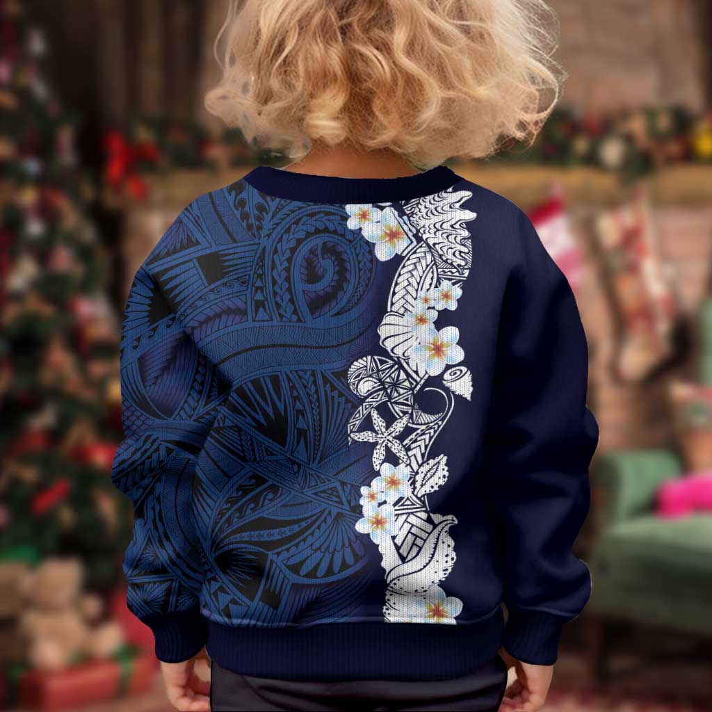 Blue Samoa Tattoo Kid Ugly Christmas Sweater Plumeria Samoan Ocean Tatau Pattern - Polynesian Pride