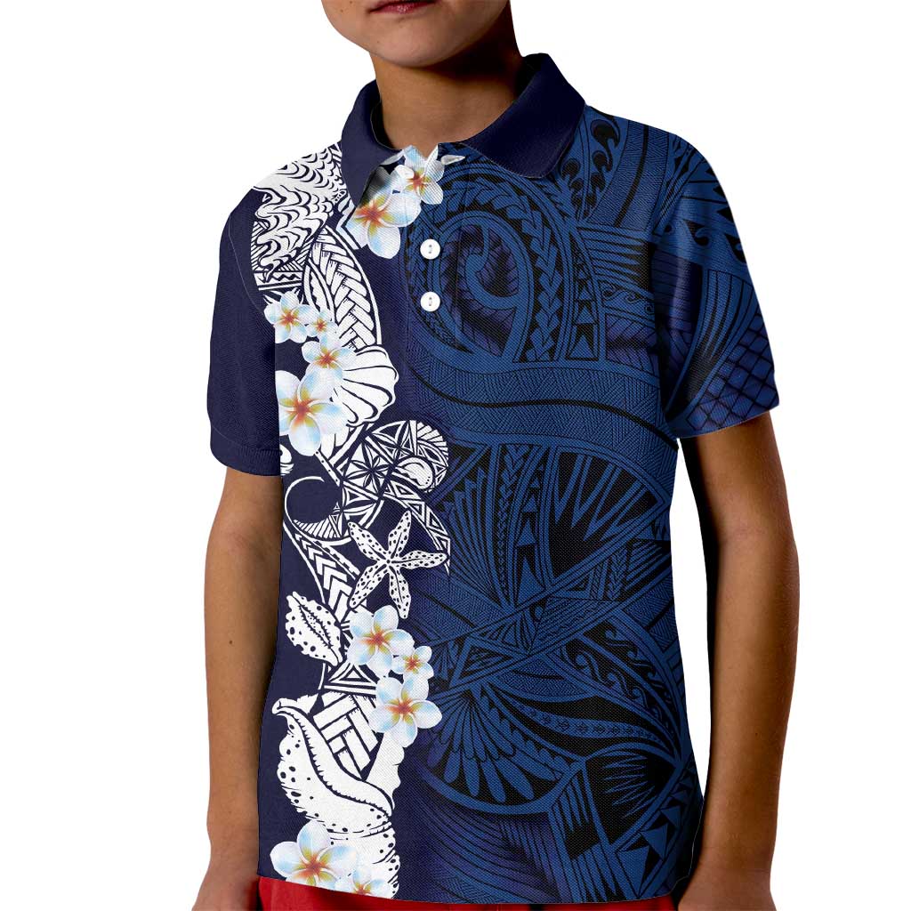 Blue Samoa Tattoo Kid Polo Shirt Plumeria Samoan Ocean Tatau Pattern LT14 Kid Blue - Polynesian Pride