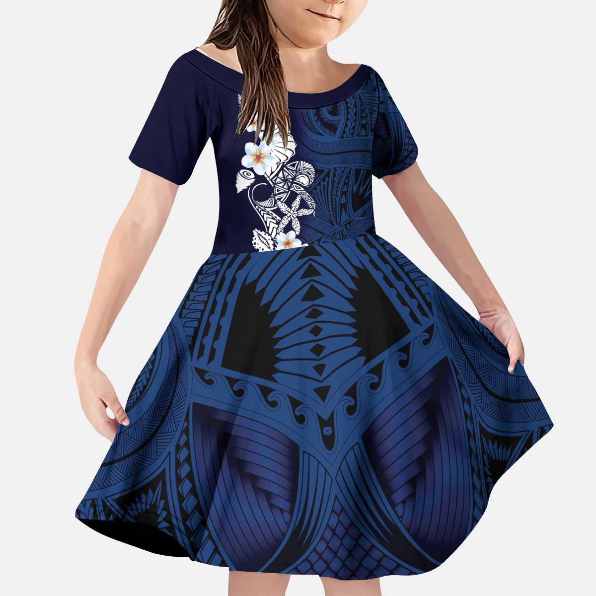 Blue Samoa Tattoo Kid Short Sleeve Dress Plumeria Samoan Ocean Tatau Pattern LT14 KID Blue - Polynesian Pride
