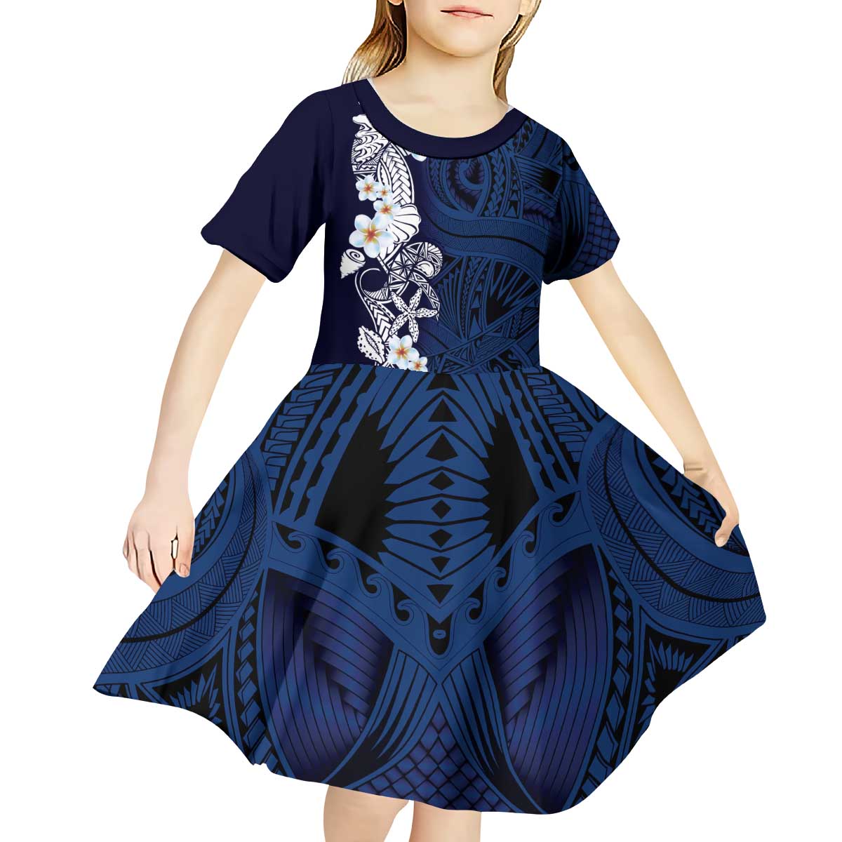 Blue Samoa Tattoo Kid Short Sleeve Dress Plumeria Samoan Ocean Tatau Pattern LT14 - Polynesian Pride
