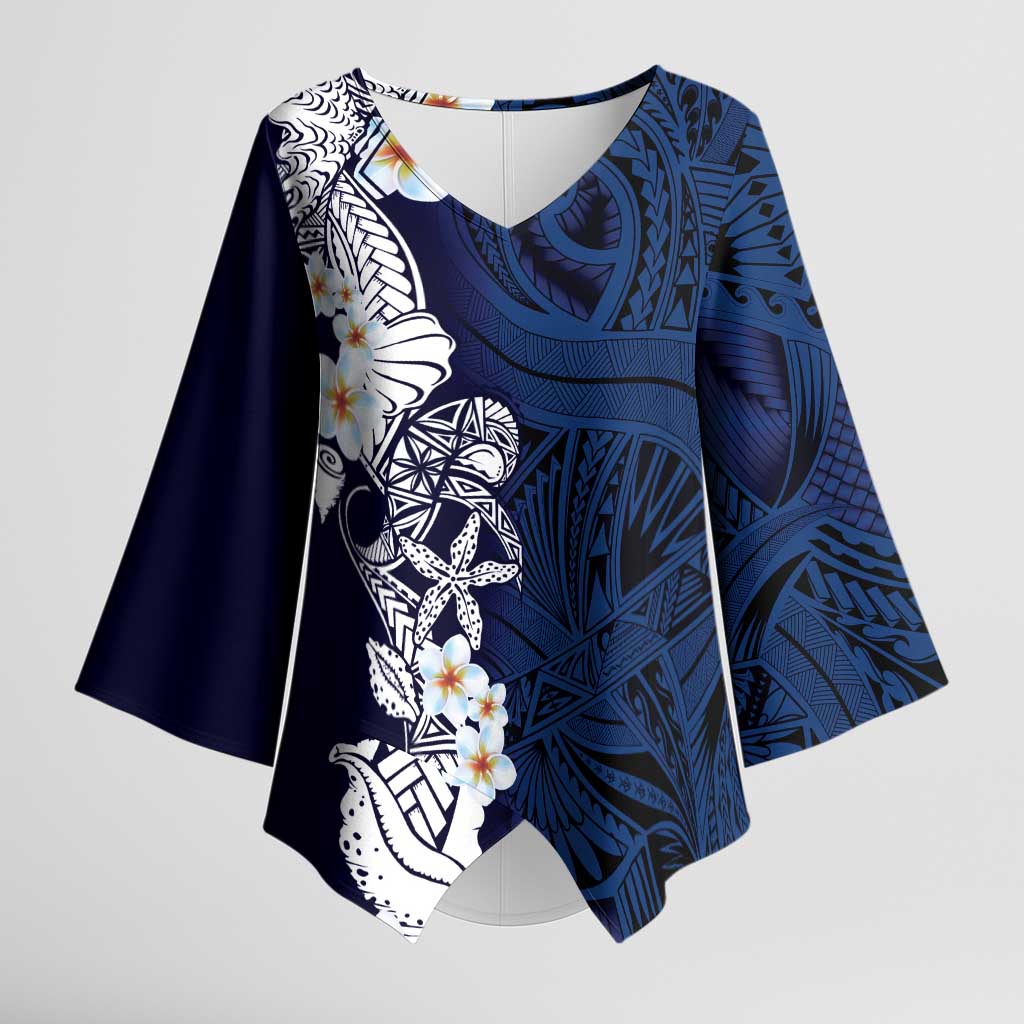 Blue Samoa Tattoo Kimono Sleeve Blouse Plumeria Samoan Ocean Tatau Pattern LT14 Female Blue - Polynesian Pride