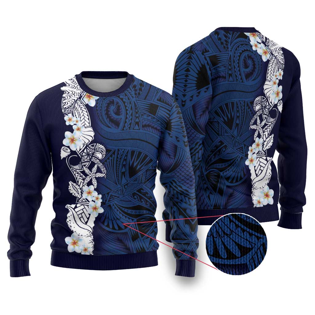 Blue Samoa Tattoo Ugly Christmas Sweater Plumeria Samoan Ocean Tatau Pattern - Polynesian Pride
