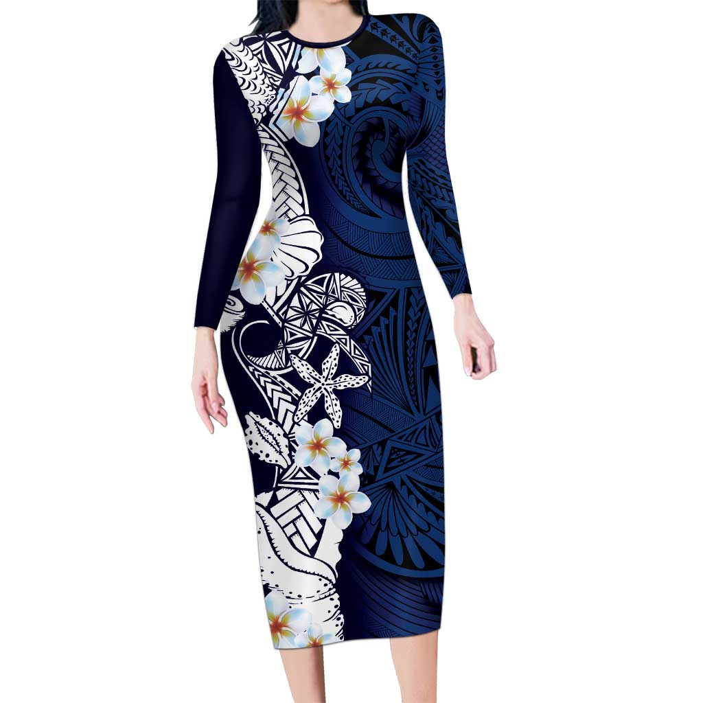 Blue Samoa Tattoo Long Sleeve Bodycon Dress Plumeria Samoan Ocean Tatau Pattern - Polynesian Pride