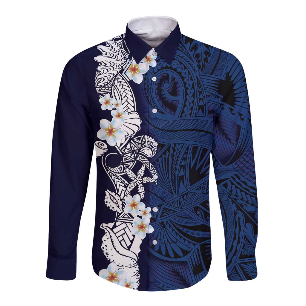 Blue Samoa Tattoo Long Sleeve Button Shirt Plumeria Samoan Ocean Tatau Pattern LT14 Unisex Blue - Polynesian Pride