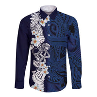 Blue Samoa Tattoo Long Sleeve Button Shirt Plumeria Samoan Ocean Tatau Pattern LT14 Unisex Blue - Polynesian Pride