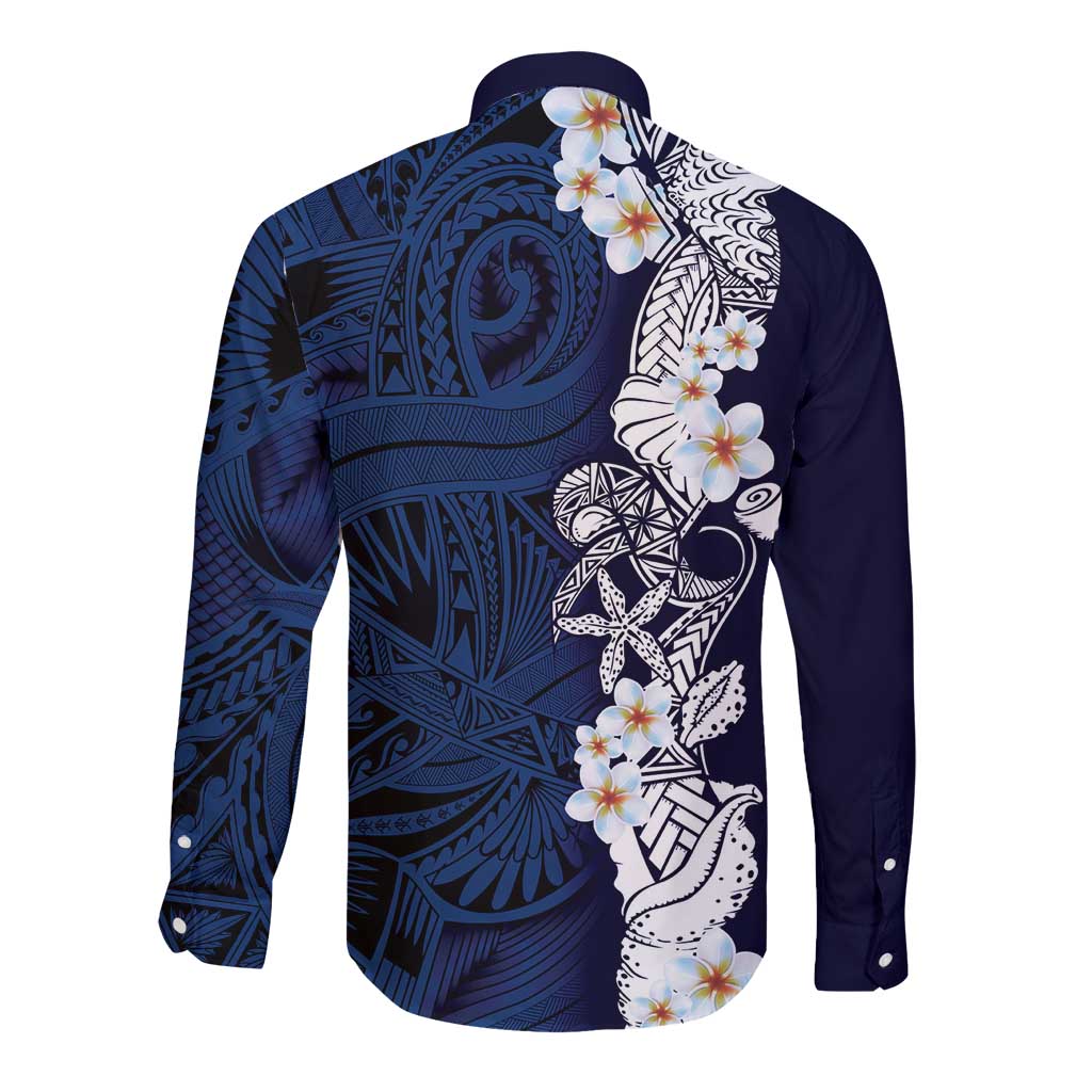 Blue Samoa Tattoo Long Sleeve Button Shirt Plumeria Samoan Ocean Tatau Pattern LT14 - Polynesian Pride