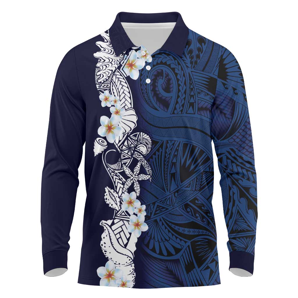 Blue Samoa Tattoo Long Sleeve Polo Shirt Plumeria Samoan Ocean Tatau Pattern LT14 Blue - Polynesian Pride