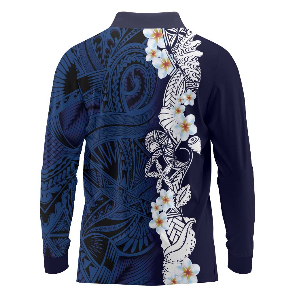 Blue Samoa Tattoo Long Sleeve Polo Shirt Plumeria Samoan Ocean Tatau Pattern LT14 - Polynesian Pride
