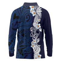 Blue Samoa Tattoo Long Sleeve Polo Shirt Plumeria Samoan Ocean Tatau Pattern LT14 - Polynesian Pride