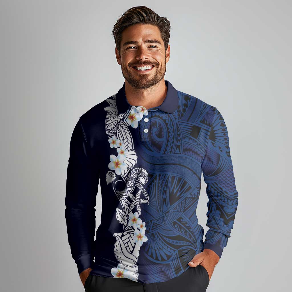 Blue Samoa Tattoo Long Sleeve Polo Shirt Plumeria Samoan Ocean Tatau Pattern LT14 - Polynesian Pride