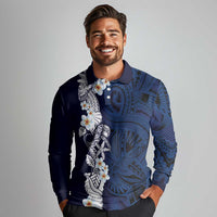 Blue Samoa Tattoo Long Sleeve Polo Shirt Plumeria Samoan Ocean Tatau Pattern LT14 - Polynesian Pride