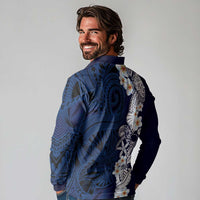 Blue Samoa Tattoo Long Sleeve Polo Shirt Plumeria Samoan Ocean Tatau Pattern LT14 - Polynesian Pride